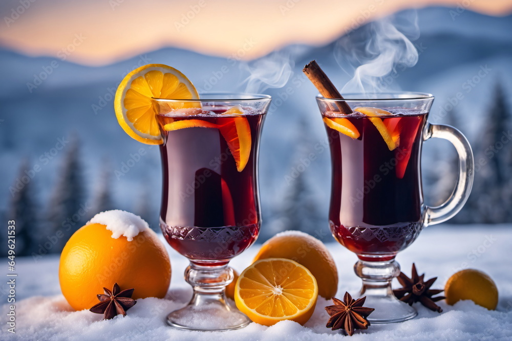 Glühwein mit Zimt und aromatischen Gewürzen und Zitrusfrüchten im ...