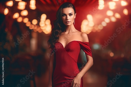 Brunette model red dress standing. Generate Ai