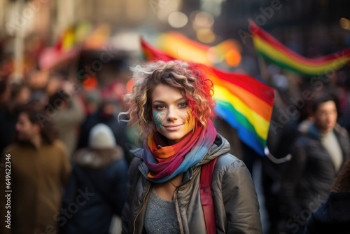 Girl with painted rainbow colors on her face during lgbt demonstration