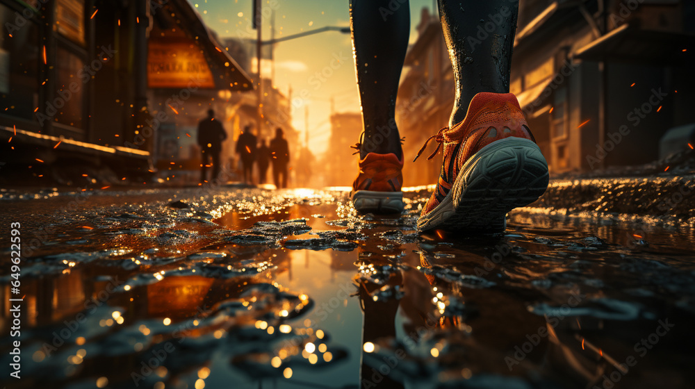 Human legs with a sports shoes on wet road. Human legs with a sports shoes on wet road.