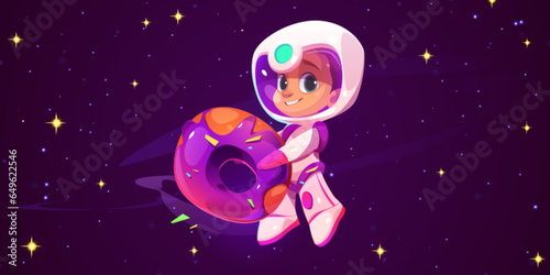 Cute kid boy astronaut flying in fantasy space and holding big donut. Cartoon vector smiling child cosmonaut in spacesuit and helmet floating in cosmos candyland universe with sweet baked dessert