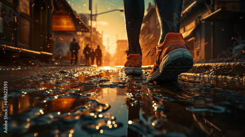 Human legs with a sports shoes on wet road. © andranik123