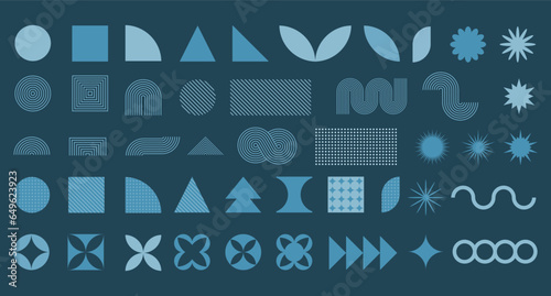 Set with geometric shapes in minimal style, abstract bauhaus forms and brutalism shapes, vector
