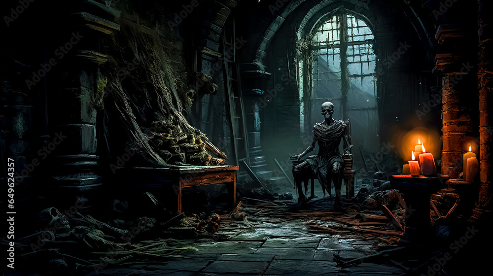 art zombie, skeleton sitting on a chair in an old castle cellar