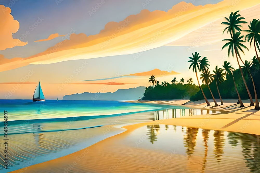 Illustration, reminiscent of Henri Rousseau, traditional paraw sailing boats on Boracay's white beach, vibrant tropical colors, relaxed expressions, dappled sunlight, idyllic atmosphere