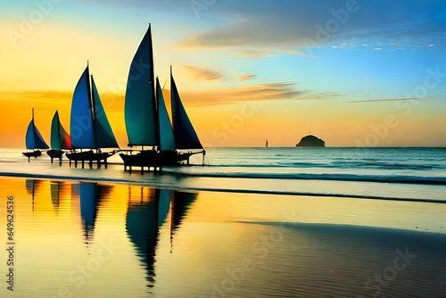 Illustration, reminiscent of Henri Rousseau, traditional paraw sailing boats on Boracay's white beach, vibrant tropical colors, relaxed expressions, dappled sunlight, idyllic atmosphere