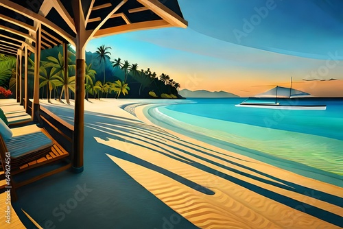 Illustration, reminiscent of Henri Rousseau, traditional paraw sailing boats on Boracay's white beach, vibrant tropical colors, relaxed expressions, dappled sunlight, idyllic atmosphere photo