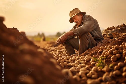 The hands of a farmer checking the potatoes in the field.AI generative.