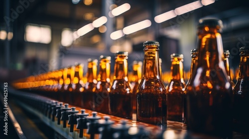 Brown beer glass drinking alcohol bottle  beer conveyor belt  modern production line