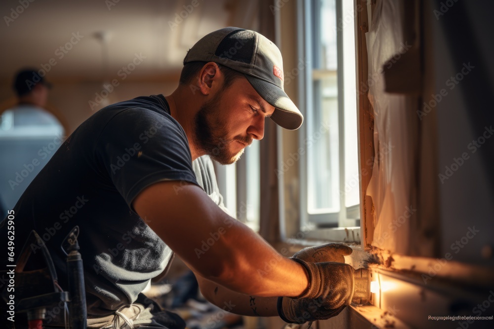 An electrician is repairing the lights in a newly renovated apartment. Structure An electrician is repairing the lights in a newly renovated apartment. Structure