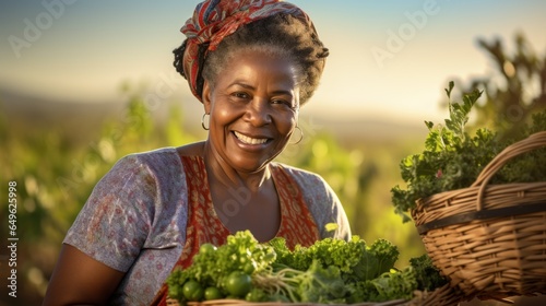 A happy Afro-harvest female farmer holds a basket with freshly picked vegetables and smiles.