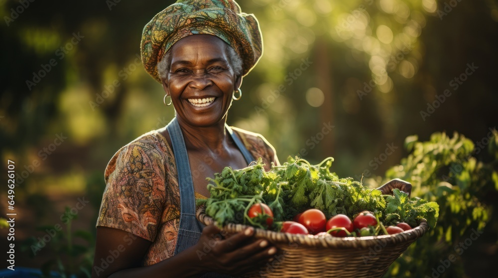 A happy Afro-harvest female farmer holds a basket with freshly picked vegetables and smiles. - obrazy, fototapety, plakaty 