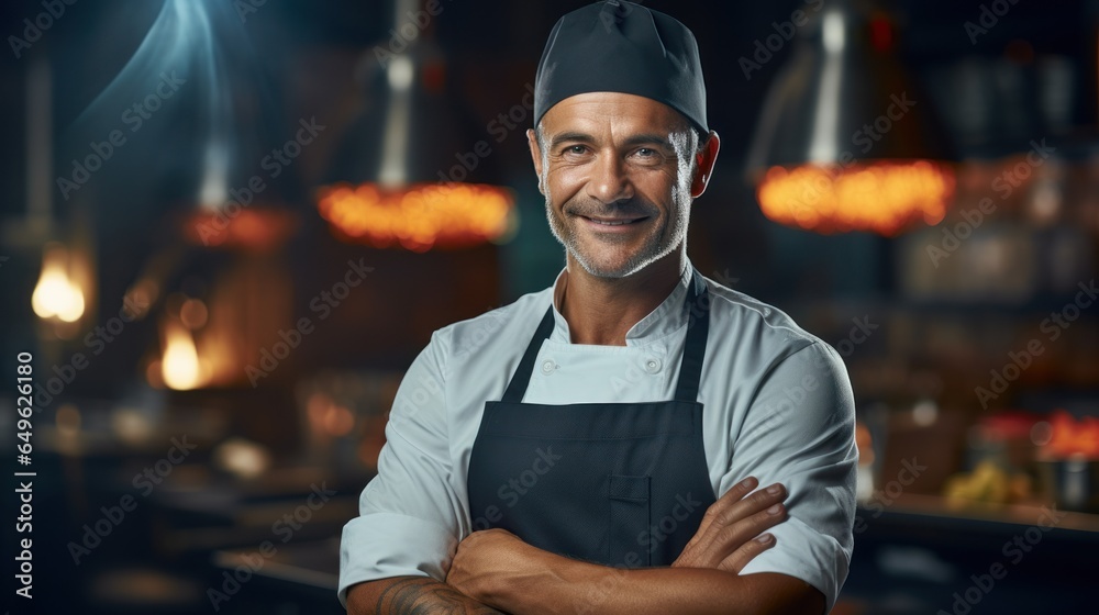 Happy Chef, an adult man of a big restaurant, smiling in a modern kitchen. Happy Chef, an adult man of a big restaurant, smiling in a modern kitchen.