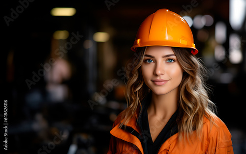 Portrait of a beautiful worker girl in an orange uniform. Industry concept