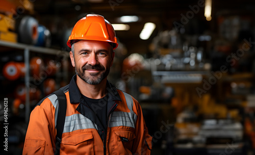Portrait of a handsome worker in an orange uniform. Industry concept
