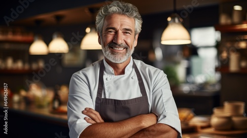 Happy Chef, an adult man of a big restaurant, smiling in a modern kitchen.