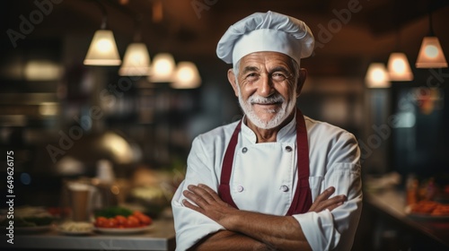 Happy Chef  an adult man of a big restaurant  smiling in a modern kitchen.