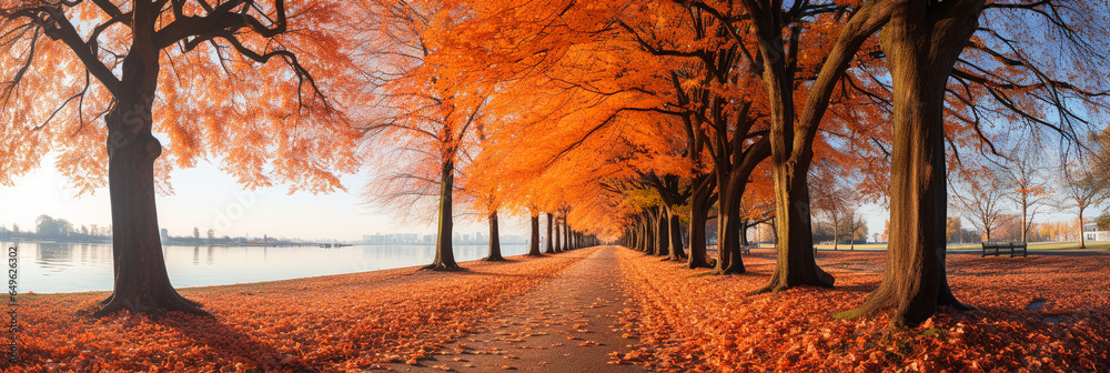 autumn avenue full of fallen coloured leaves. AI generative. - obrazy, fototapety, plakaty 