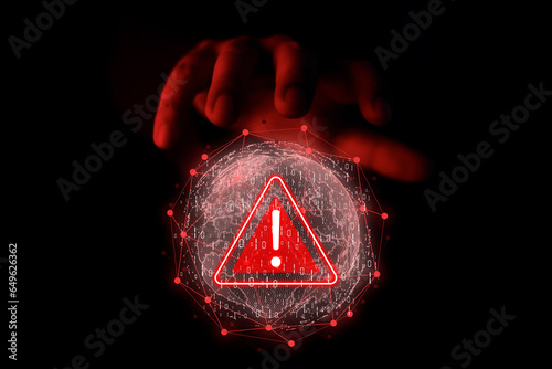 Fototapeta Naklejka Na Ścianę i Meble -  Hand touching globe icon warning abnormality due to hacker attack. Cyber ​​Anomaly Notice. Maintenance concept of hacker attack and hacking, cyber attack, cyber security.