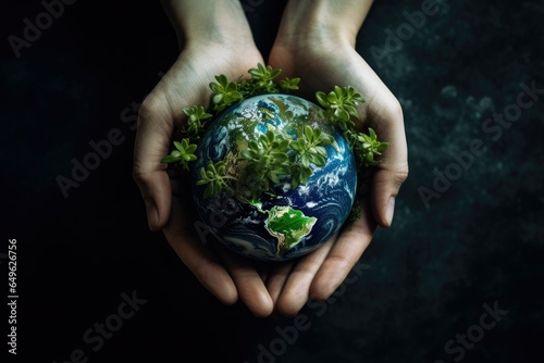 Hands holding Earth planet with green plants. Save the earth concept, ai generative
