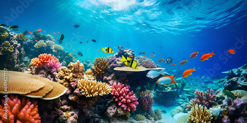Underwater coral reef landscape background in the deep blue maldives ocean ai....      Beautiful coral reef with natural vivid colours and sun rays