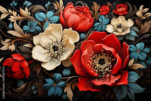 Generative AI - Flower blossom illustration in Russian folk style