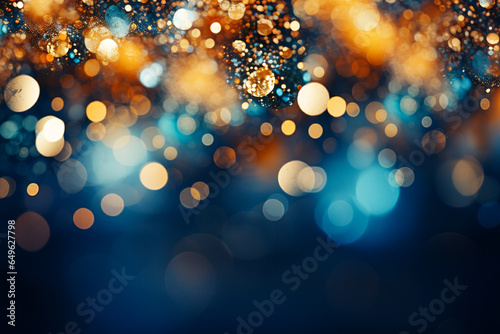 lights and blue background of christmas bauble bokeh effect, in the style of light orange and dark gold. AI generativ. photo