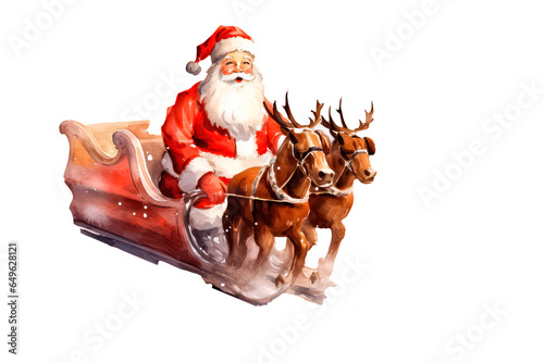 Santa Claus rides in a sleigh, Christmas and New Year's theme in watercolor style on white background photo