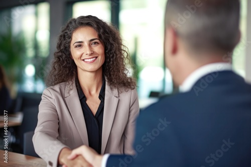 happy mature latin businesswoman shaking hands with a client during an office meeting