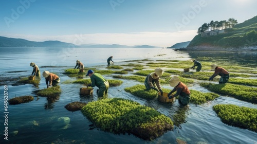 Sustainable seaweed farming practices with a photo of farmers tending to seaweed crops in an eco-friendly ocean garden