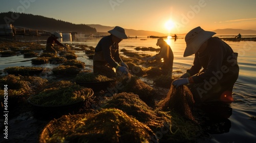 Sustainable seaweed farming practices with a photo of farmers tending to seaweed crops in an eco-friendly ocean garden