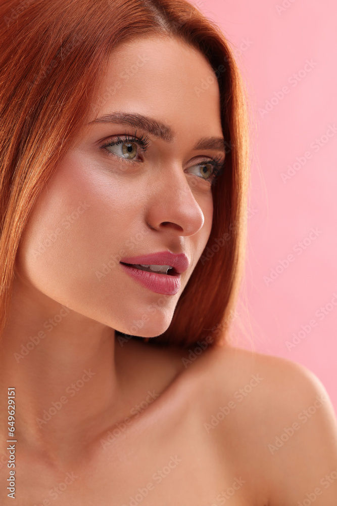Portrait of beautiful young woman on pink background, closeup Portrait of beautiful young woman on pink background, closeup
