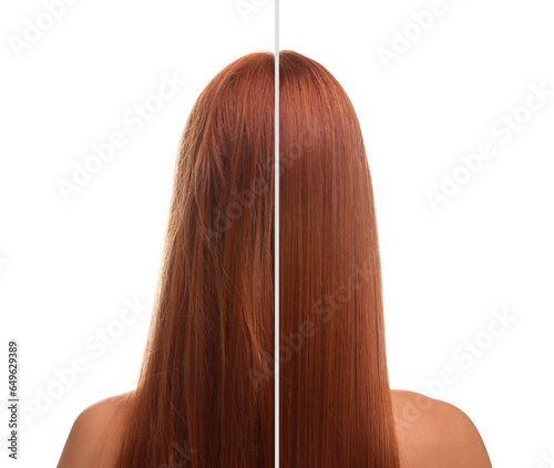 Photo of woman divided into halves before and after hair treatment on white background