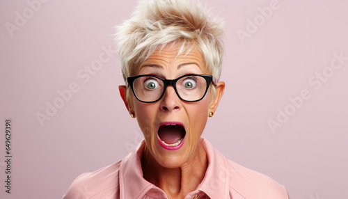 Mujer mayor expresando sorpresa y emoción de shock. Boca abierta y grandes ojos bien abiertos. aislado sobre el fondo. IA generativa. photo