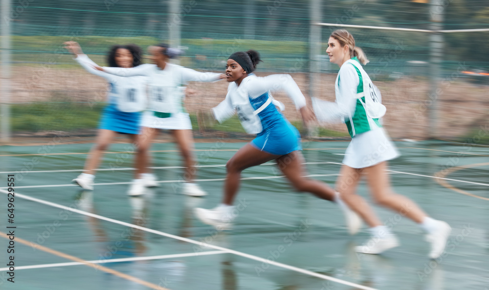 Sports, training and team netball competition, practice and women playing game, court challenge or action match. Fast motion blur, speed and group cardio workout, player teamwork and athlete running