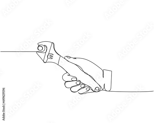 Wrench in hand, spanner, Adjustable wrenches one line art. Continuous line drawing of repair, professional, hand, people, concept, support, maintenance.