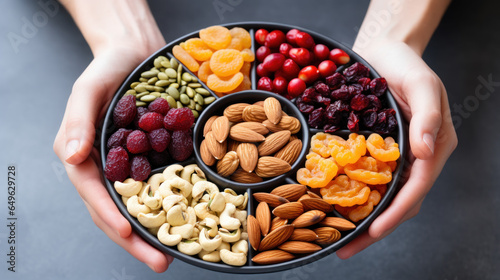 Hands holding a tray of healthy snacks like nuts and berries