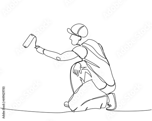 Painter paints a wall with a roller, worker in uniform one line art. Continuous line drawing of repair, professional, people, concept, support, maintenance.