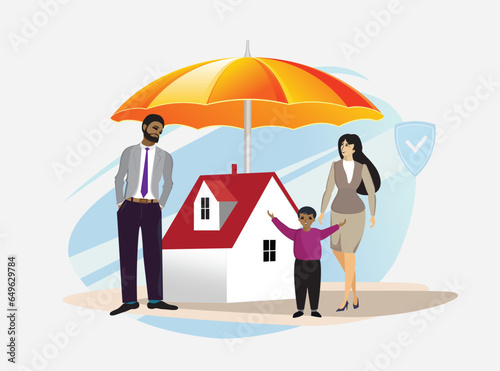 Happy family and their house protected under big umbrella. Housing insurance concept. Colorful Vector Illustration.