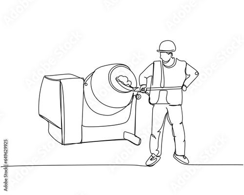 Builder in work uniform and hard hat picking up concrete from a concrete mixer one line art. Continuous line drawing of repair, hand, people, concept, support, maintenance.