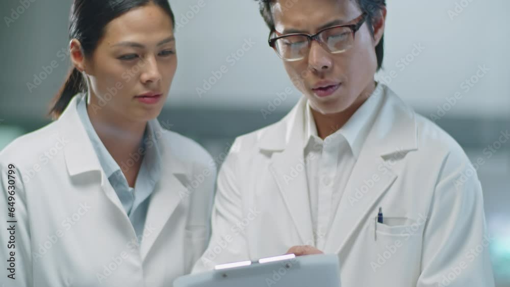Tilt up shot of Asian male and female scientists discussing notes on clipboard while working together in laboratory Tilt up shot of Asian male and female scientists discussing notes on clipboard while working together in laboratory