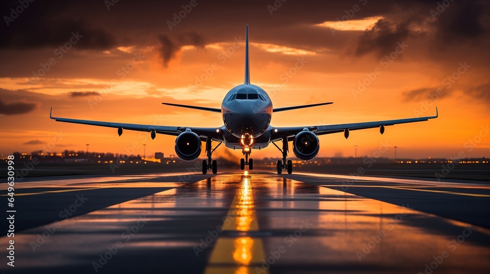 Takeoff or landing of a modern airliner against the background of the blue sky at the runway and lights of a modern airport. Travel and transportation concept - obrazy, fototapety, plakaty 
