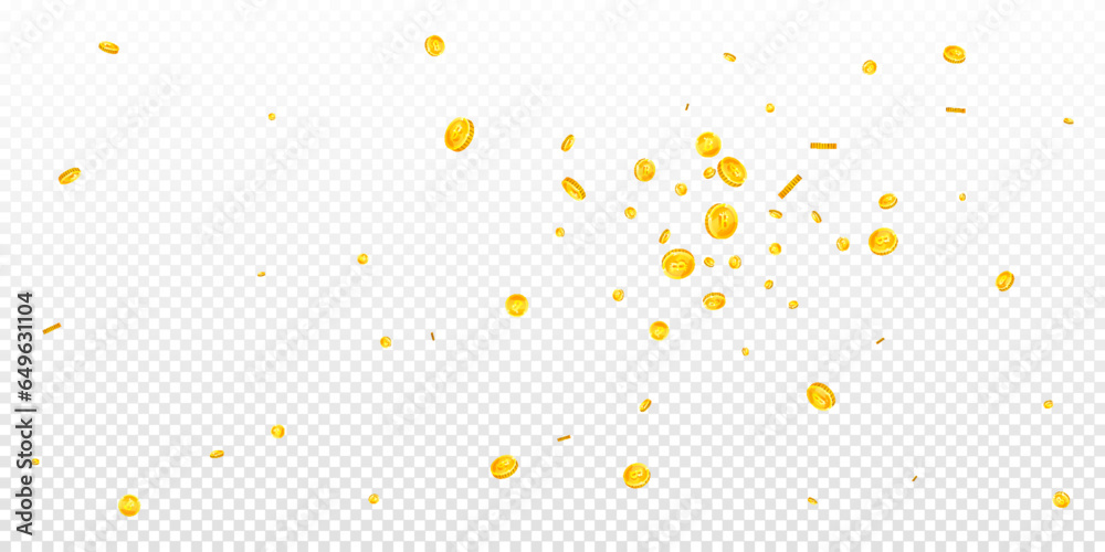 Bitcoin coins falling. Cryptocurrency scattered gold BTC coins. Internet currency. Global financial crisis concept. Wide vector illustration.