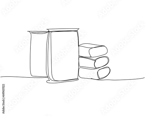 Bags with cement, plaster, putty, tile adhesive, building materials one line art. Continuous line drawing of repair, professional, hand, people, concept, support, maintenance.