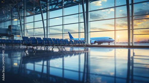 A fleet of aircraft is parked on the taxiway of the international airport runway. View of the terminal's panoramic window. Air freight background