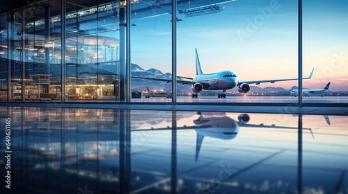 A fleet of aircraft is parked on the taxiway of the international airport runway. View of the terminal's panoramic window. Air freight background