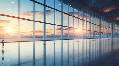 Empty airport terminal with panoramic windows onto the runway  waiting room. Air freight background