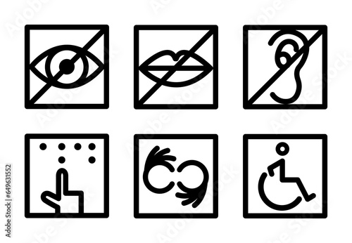 Set of Disabled Signs. Handicapped Man Sitting in Wheelchair, Deaf-Mute, Gestures, Brailler, Blind, Deaf Disease Icons. Set of Disabled People Signs. Vector Graphics in Linear style