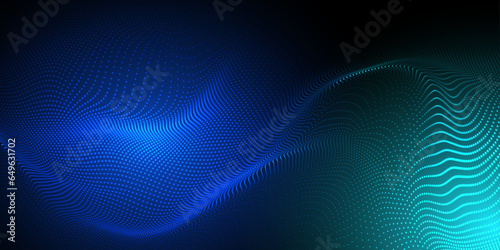 Abstract futuristic blue and indigo wave with moving dots. Flow of particles with glitch effect. Ideal vector graphics for brochures, flyers, magazines, business cards and banners. Vector.