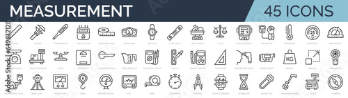 Set of 45 outline icons related to measurement equipment and tools. Linear icon collection. Editable stroke. Vector illustration photo